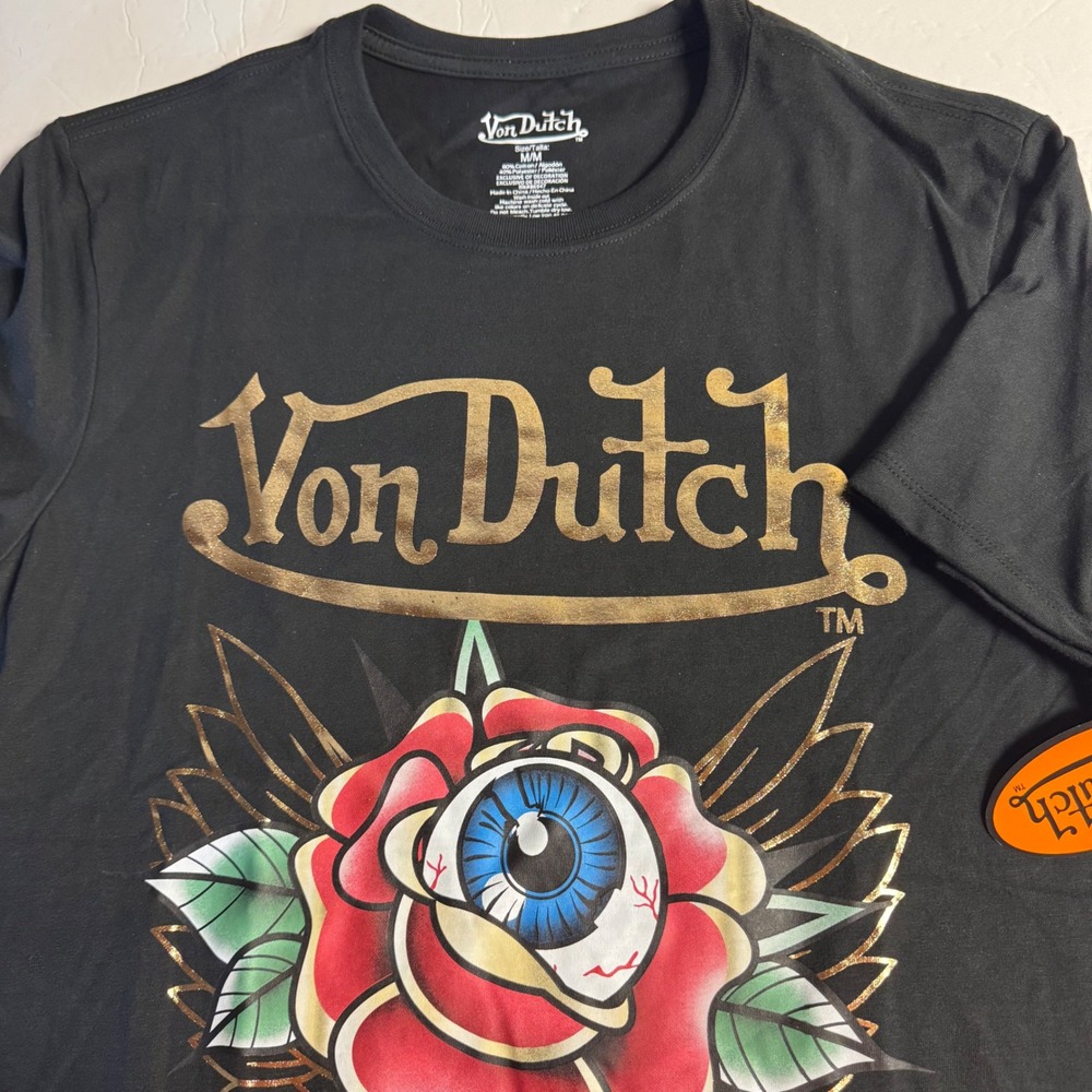 Von Dutch Graphic T-Shirt Mens Medium Black Rose Eye Tattoo Style